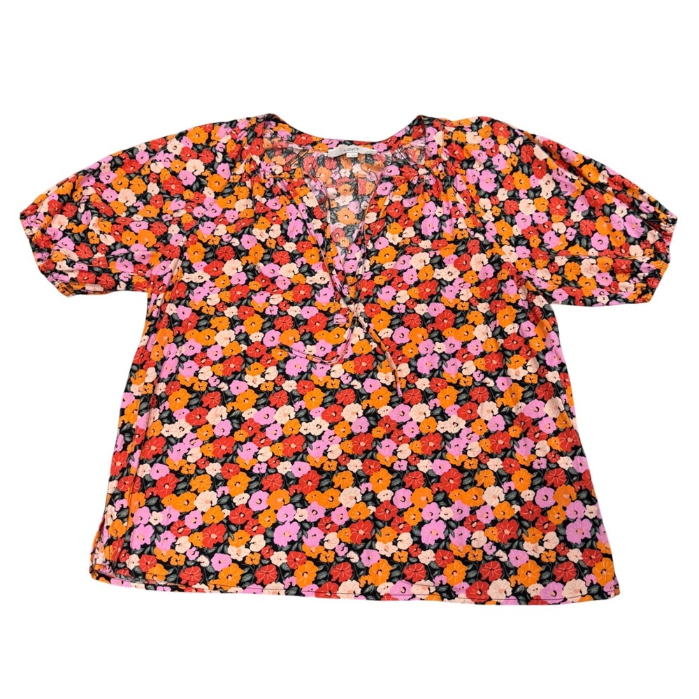 LOFT Womens Large Floral Split Neck Tie Short Puff Sleeve Blouse Pink Orange Red